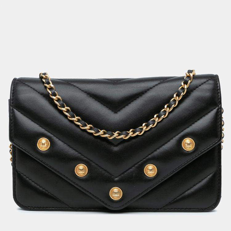 Chanel Black Chevron Lambskin Button Wallet On Chain