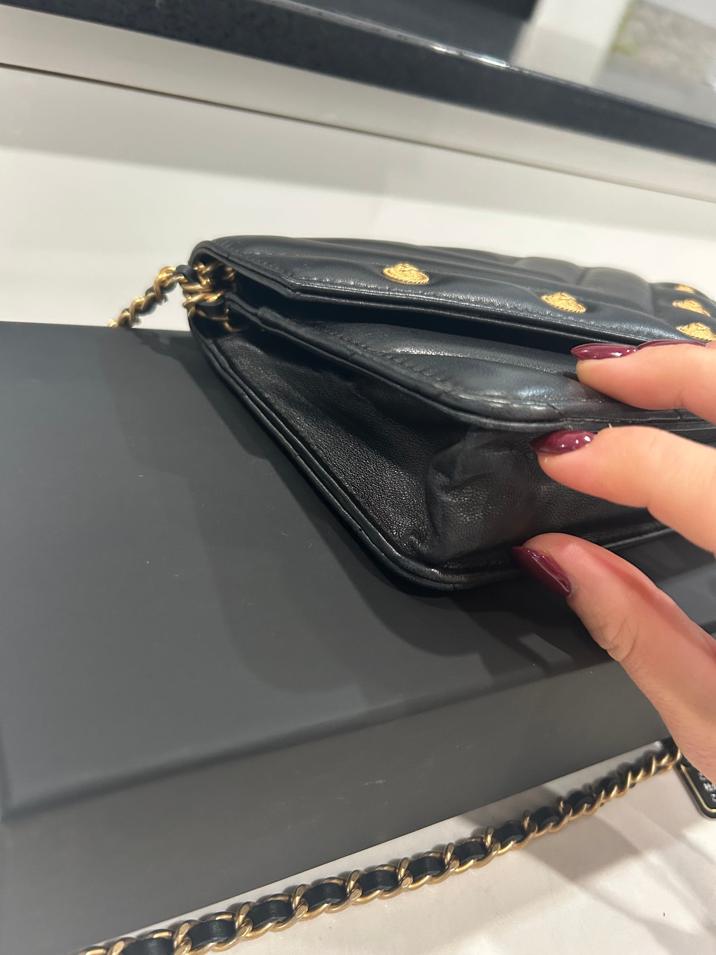 Chanel Black Chevron Lambskin Button Wallet On Chain