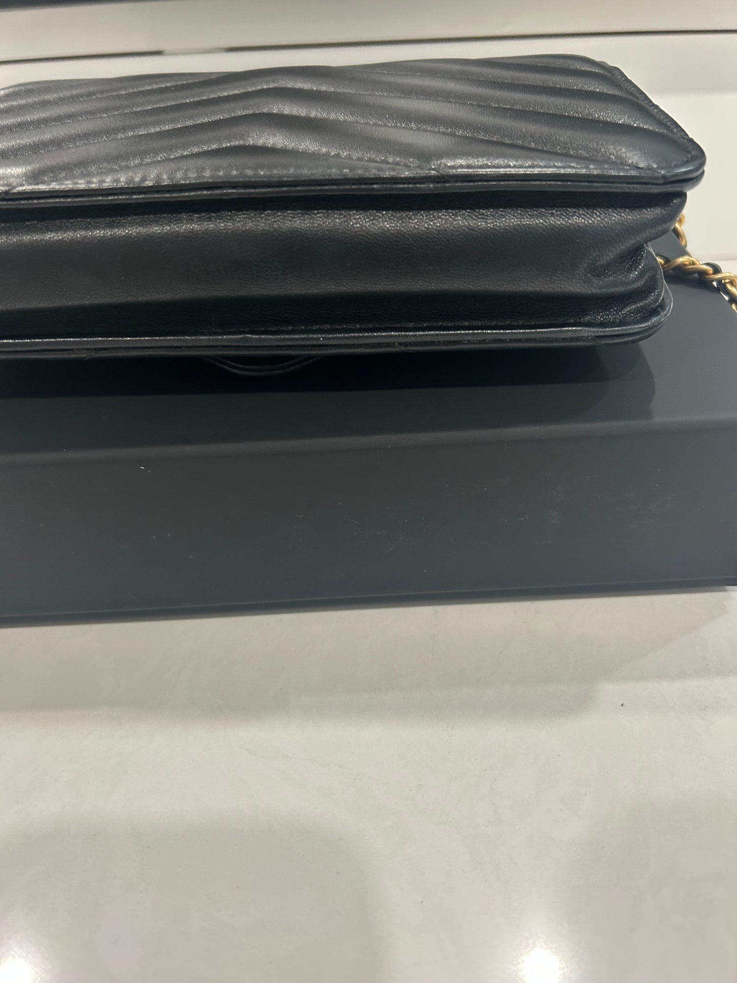 Chanel Black Chevron Lambskin Button Wallet On Chain