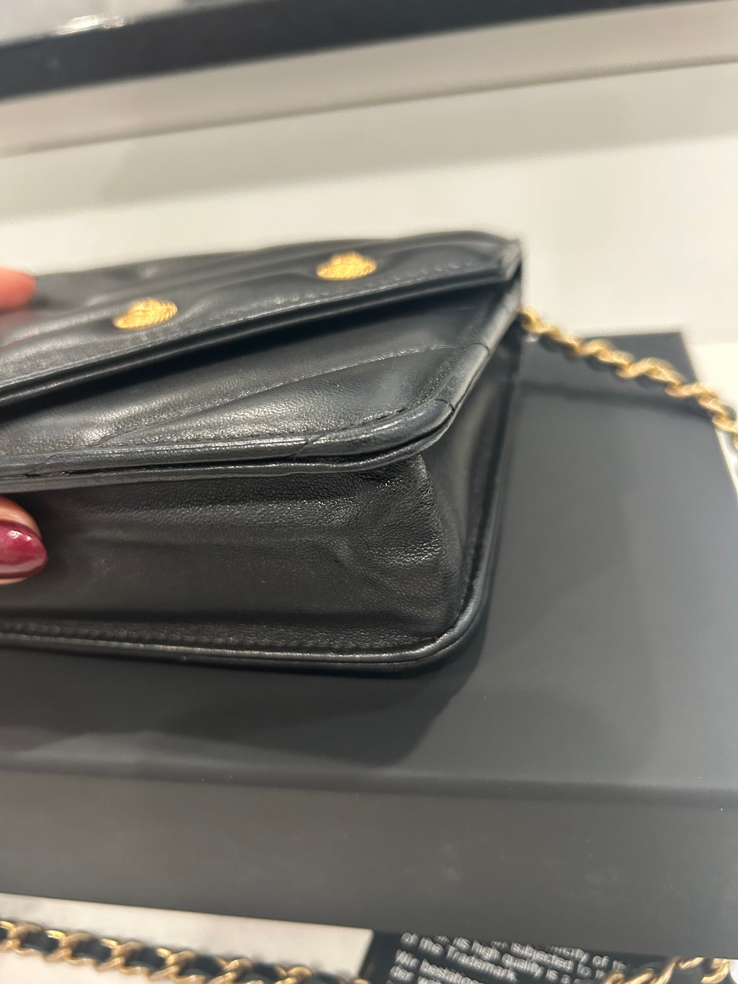 Chanel Black Chevron Lambskin Button Wallet On Chain