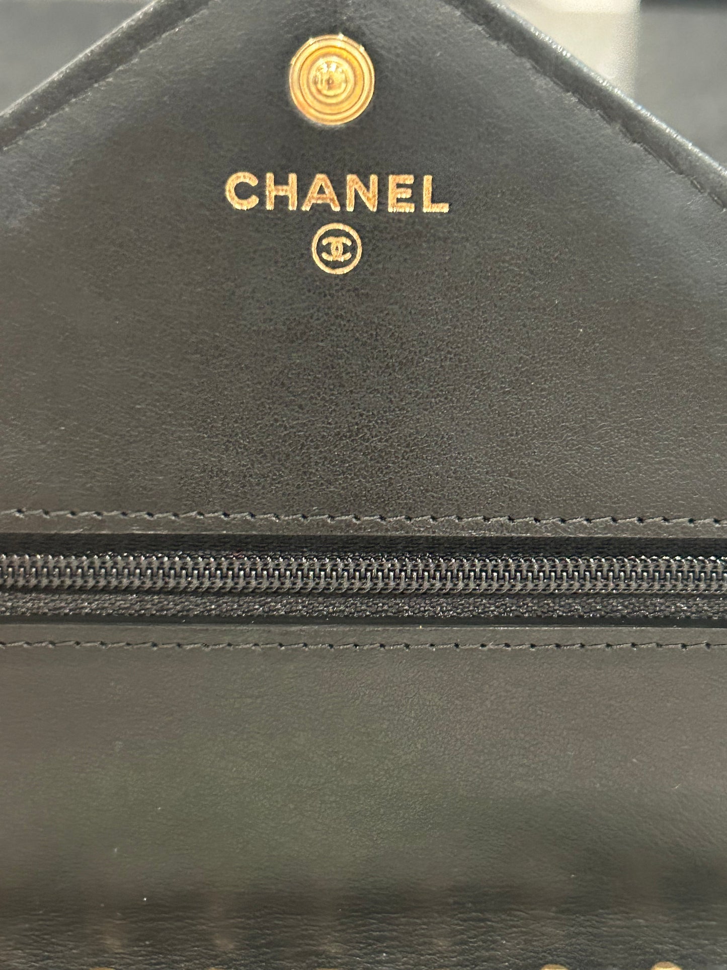 Chanel Black Chevron Lambskin Button Wallet On Chain