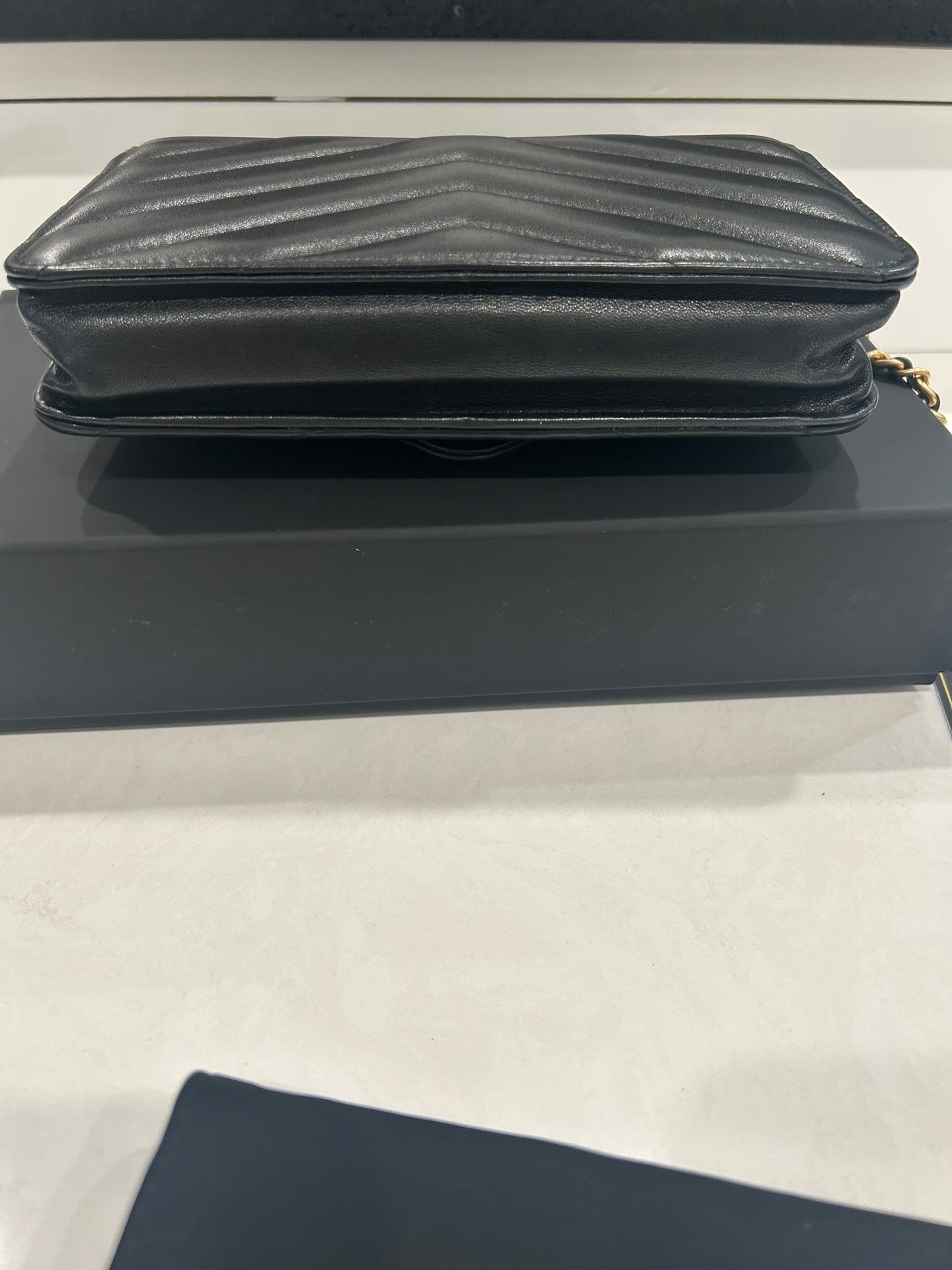 Chanel Black Chevron Lambskin Button Wallet On Chain