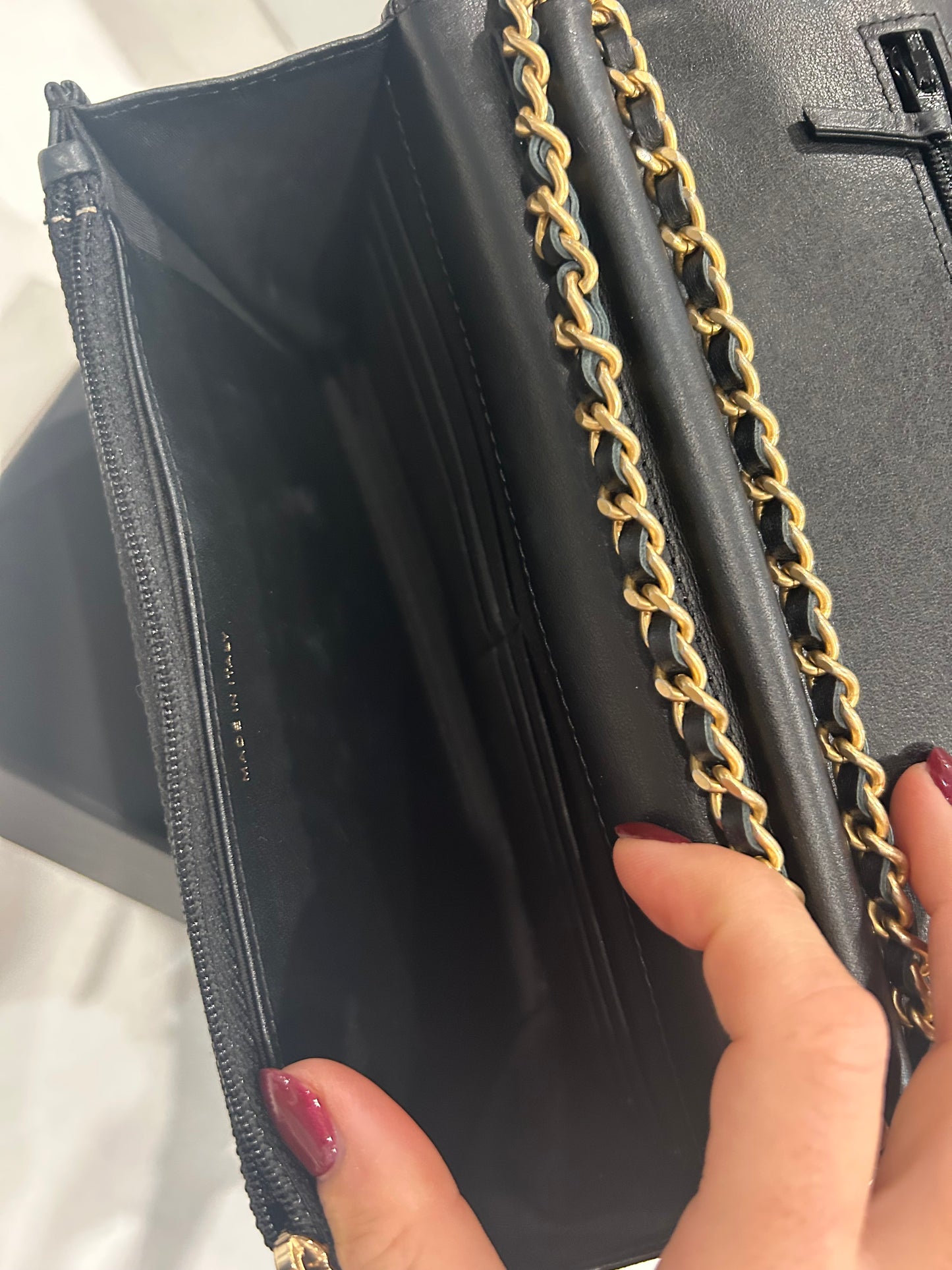 Chanel Black Chevron Lambskin Button Wallet On Chain