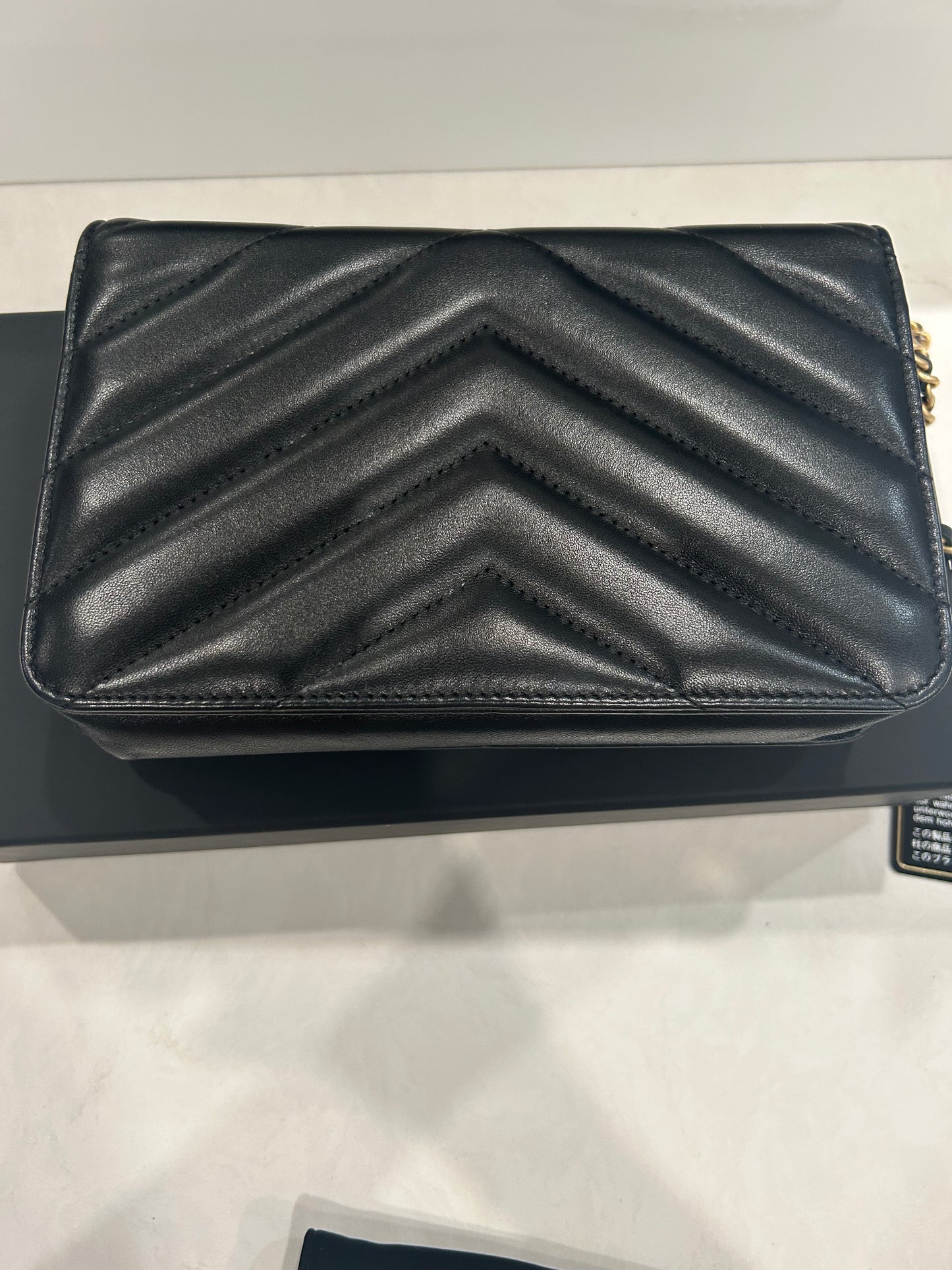 Chanel Black Chevron Lambskin Button Wallet On Chain